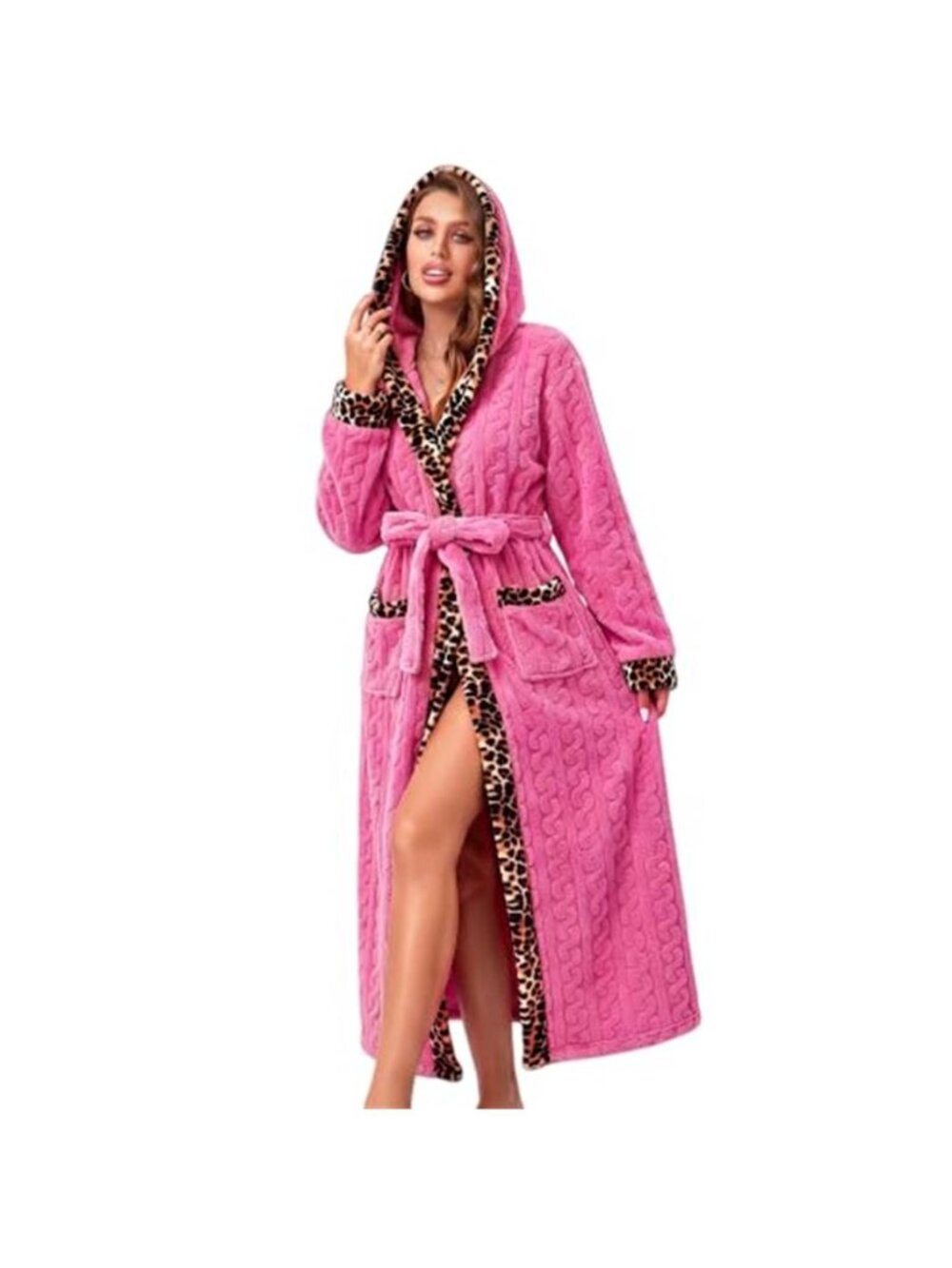 Women's Coral Fleece Long Robe Bathrobe, Jacquard Hearts